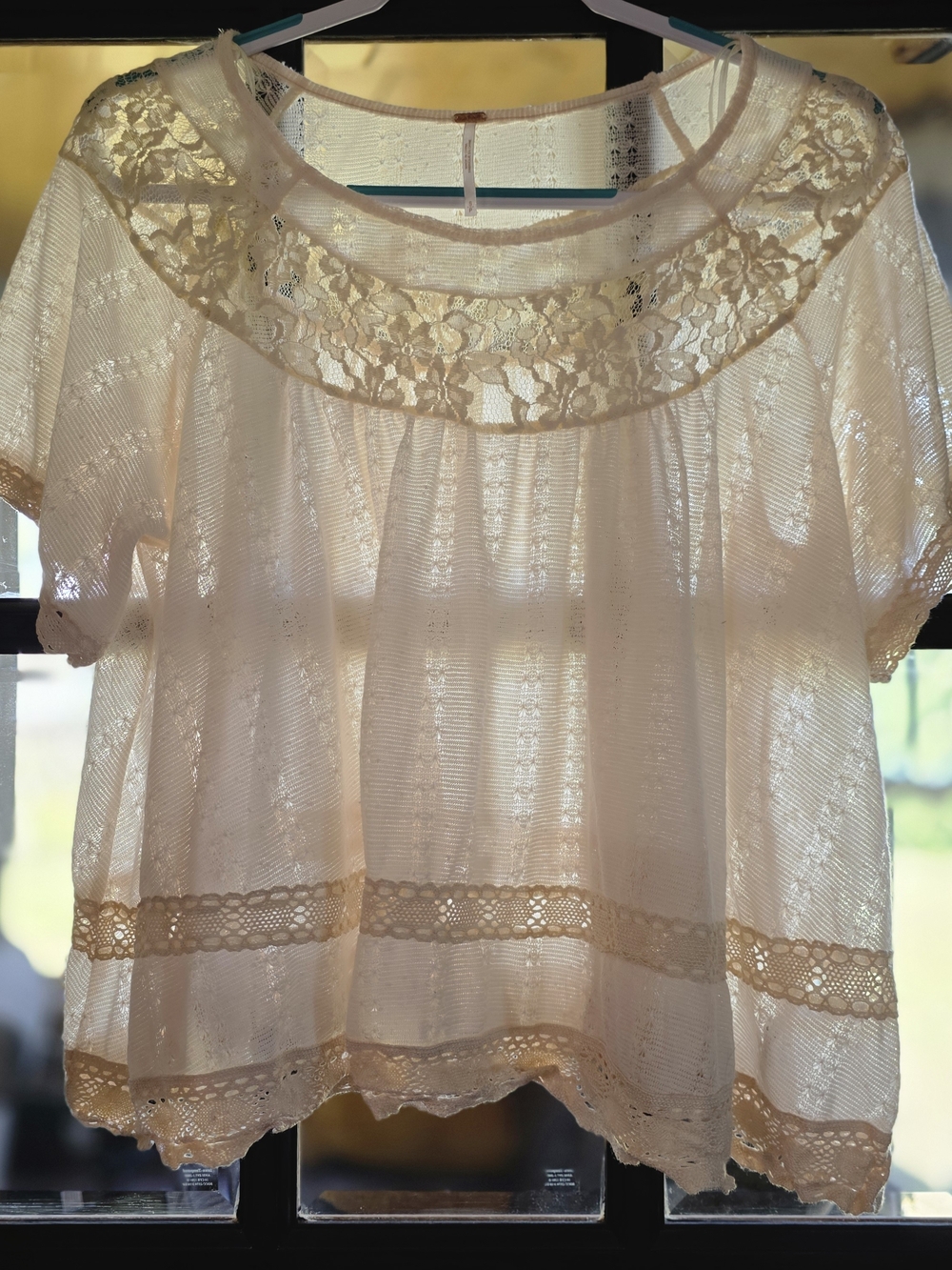 Free People Cream Lace Yoke Short Sleeve Top